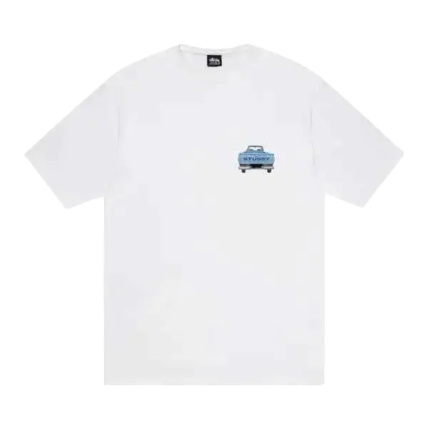 White stussy pickup tee featuring a small light blue vintage truck graphic on the left chest in cotton material