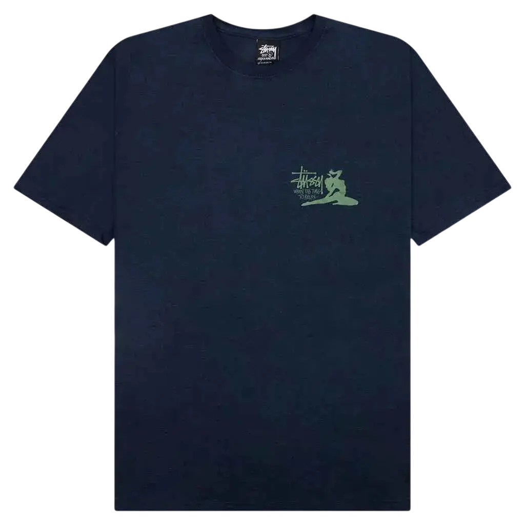 Dark blue Stussy Relax Tee navy t-shirt with light green graphic of figure in motion and brand logo on front