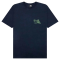 Dark blue Stussy Relax Tee navy t-shirt with light green graphic of figure in motion and brand logo on front