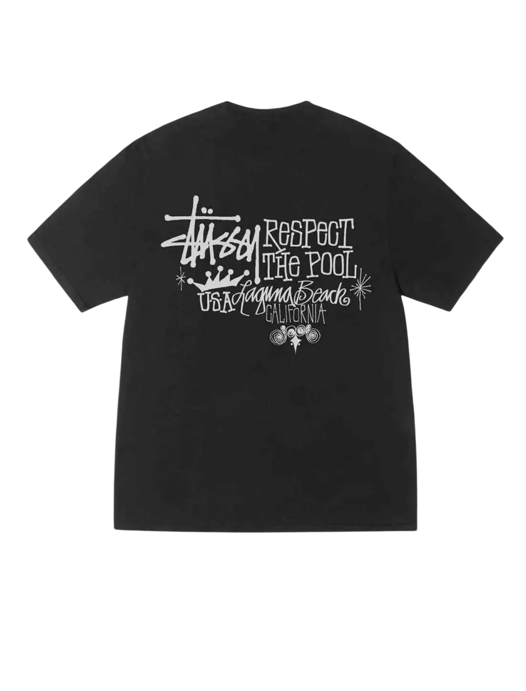 Black stussy pigment dyed t-shirt with white respect the pool santa barbara california graphic on front