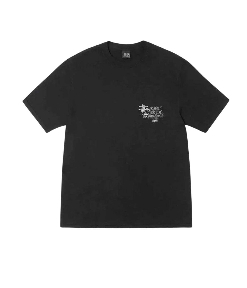Black stussy respect the pool pigment dyed tee with white graphic print on left chest in cotton fabric