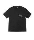 Black stussy respect the pool pigment dyed tee with white graphic print on left chest in cotton fabric