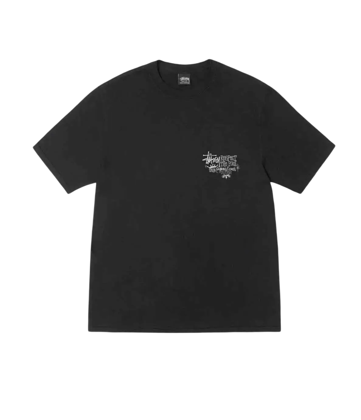 Black stussy respect the pool pigment dyed tee with white graphic print on left chest in cotton fabric