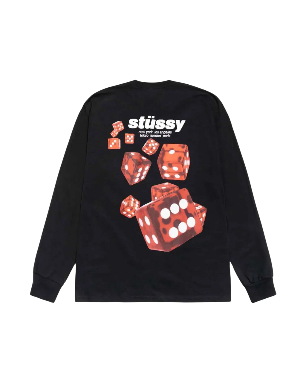 Black long sleeve Stussy Rollers tee featuring a bold red dice graphic and Stussy brand logo