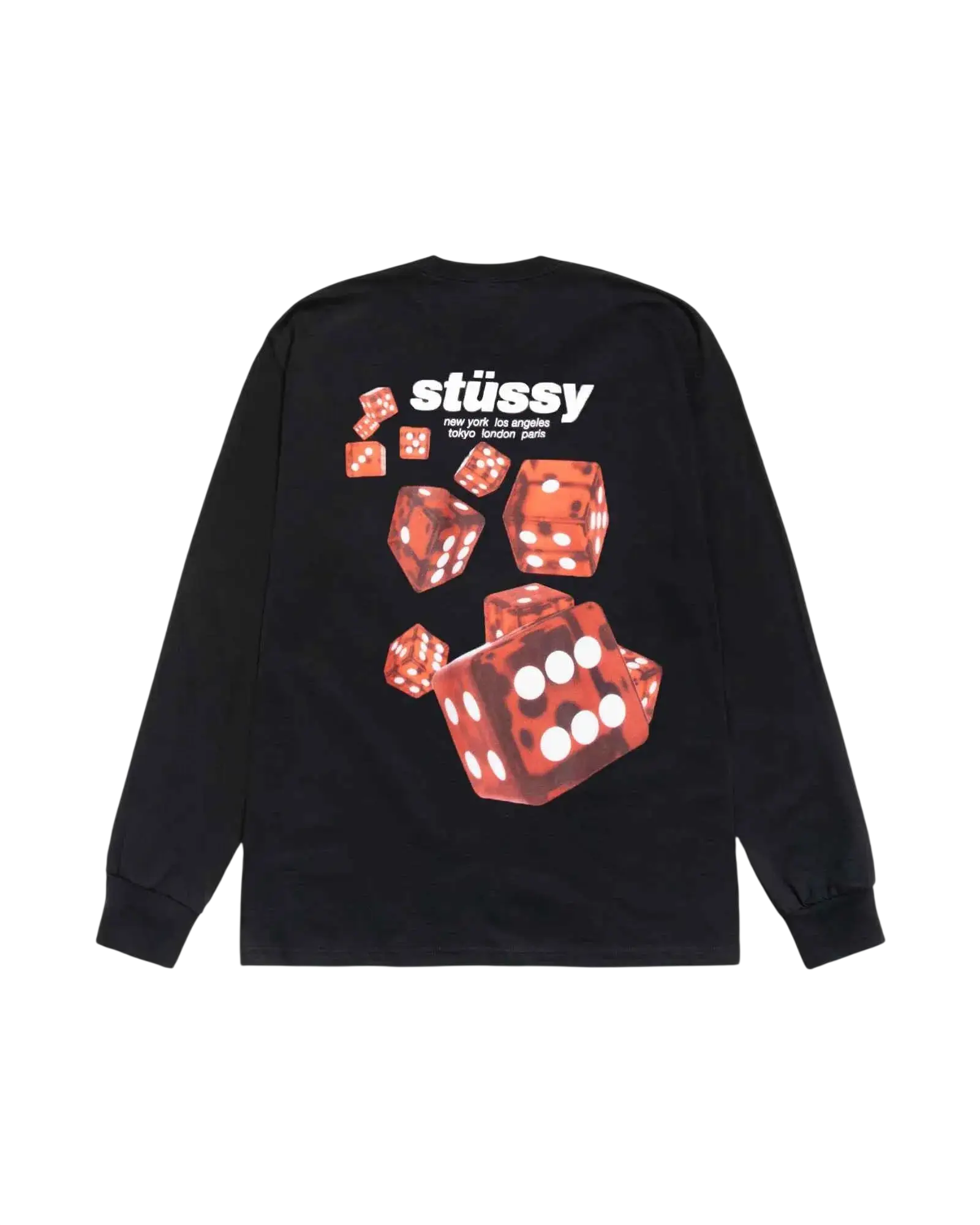 Black long sleeve Stussy Rollers tee featuring a bold red dice graphic and Stussy brand logo