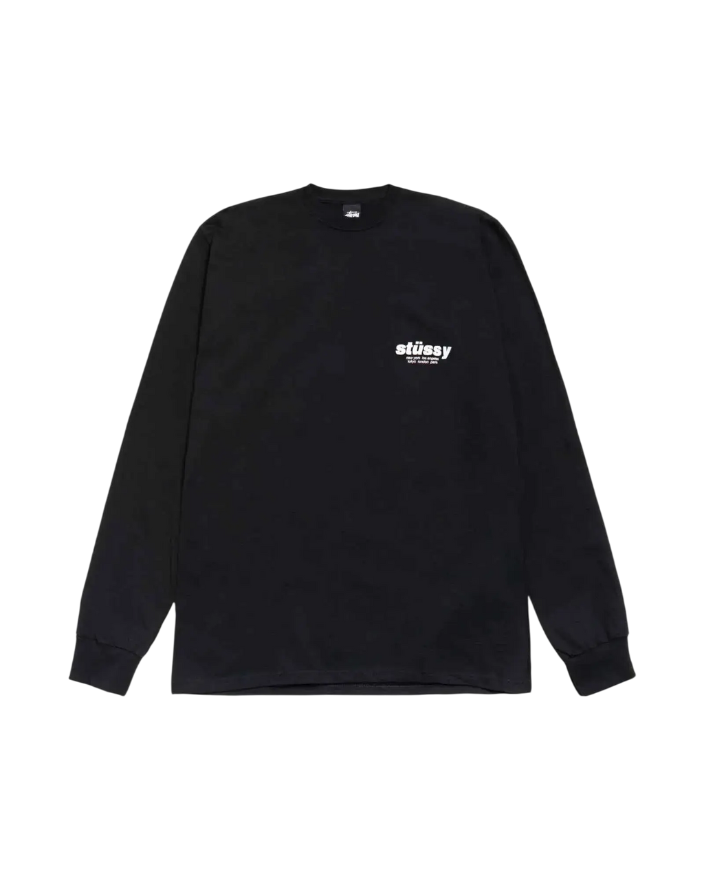Black stussy rollers long sleeve tee with white chest logo made from soft cotton for casual wear