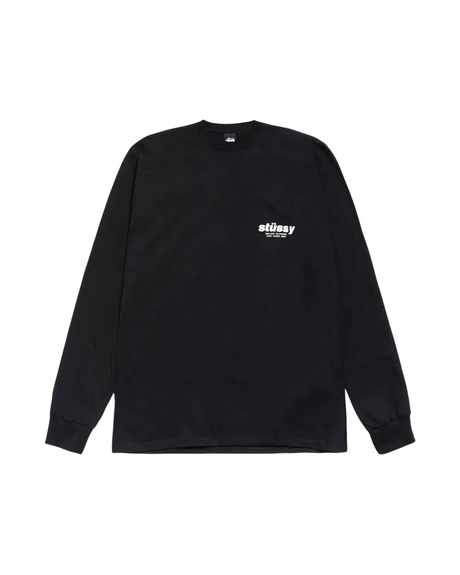 Black stussy rollers long sleeve tee with white chest logo made from soft cotton for casual wear
