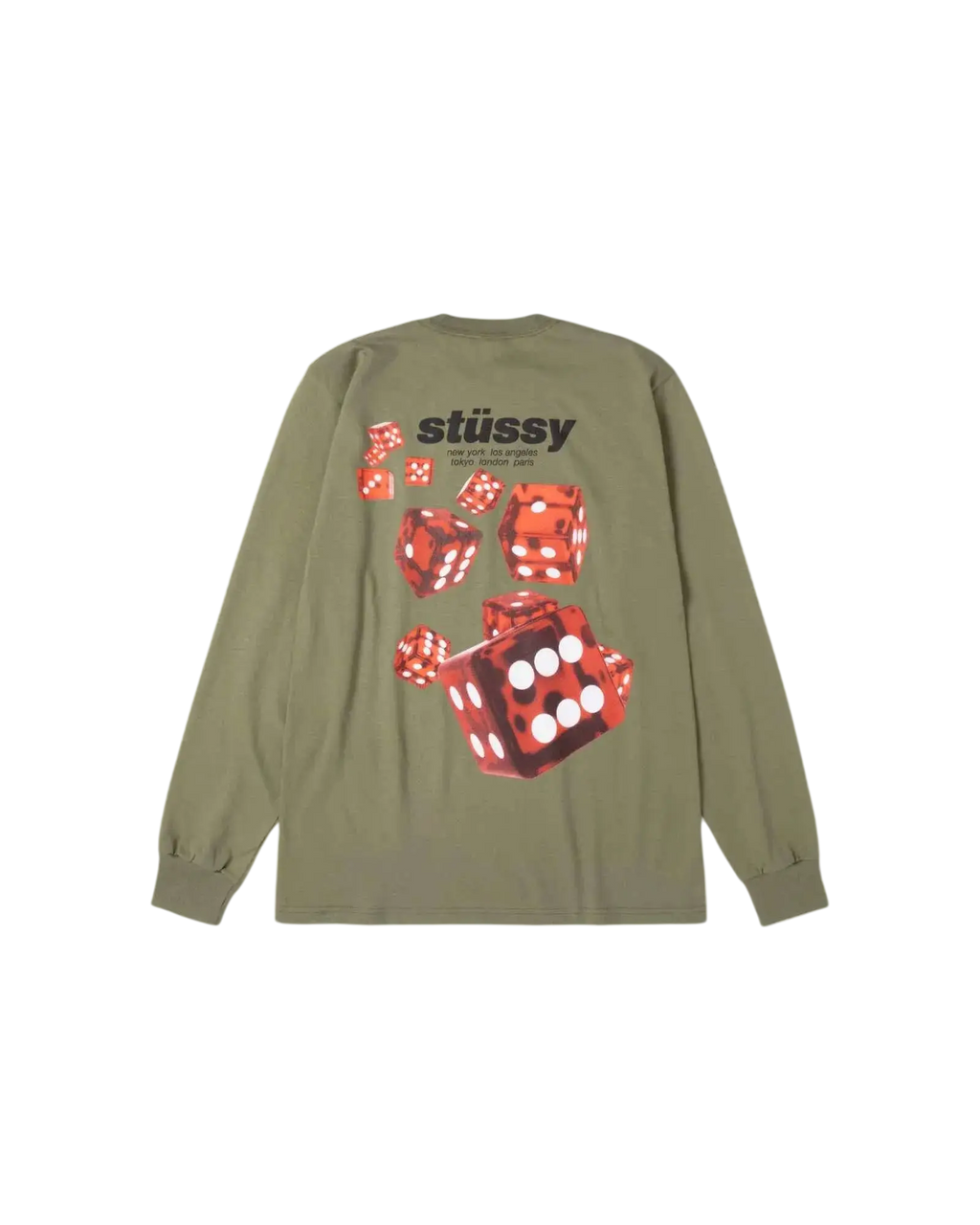 Olive green stussy rollers long sleeve tee with bold red dice graphic and white dots on front