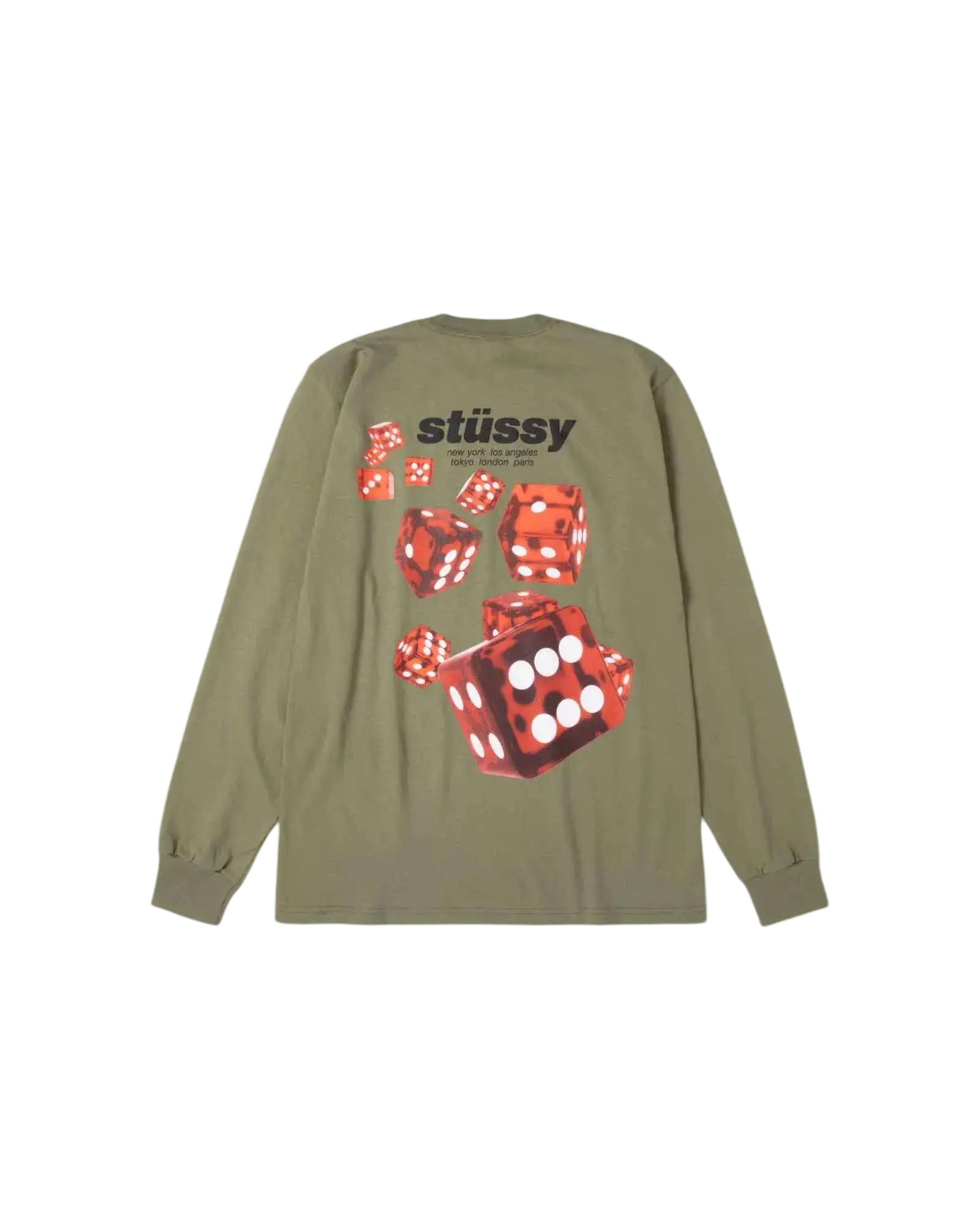 Olive green stussy rollers long sleeve tee with bold red dice graphic and white dots on front