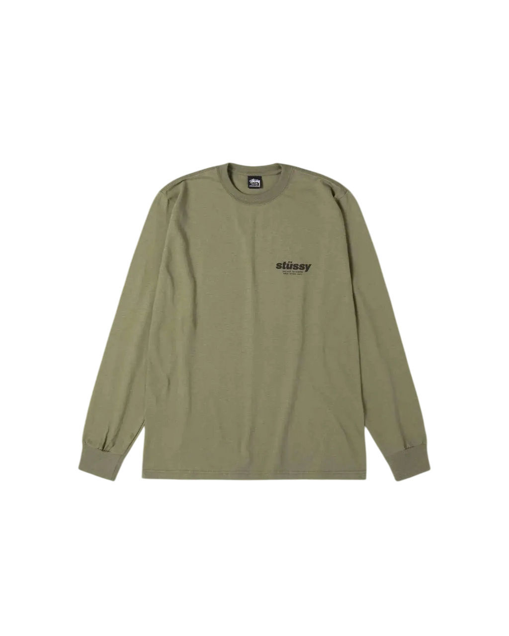 Olive green long-sleeved crewneck tee with subtle stussy branding on chest in comfortable cotton fabric