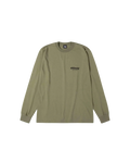 Olive green long-sleeved crewneck tee with subtle stussy branding on chest in comfortable cotton fabric