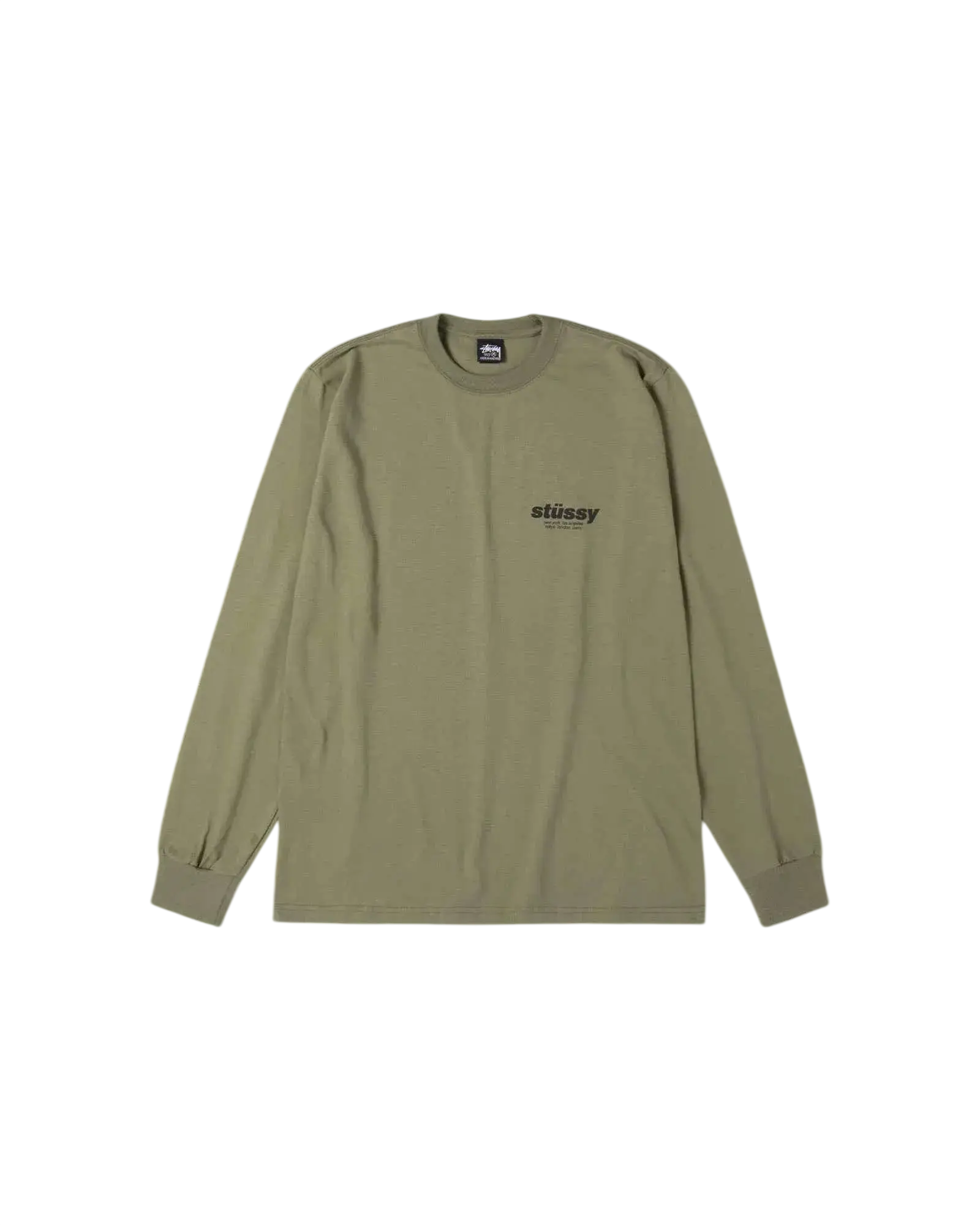 Olive green long-sleeved crewneck tee with subtle stussy branding on chest in comfortable cotton fabric