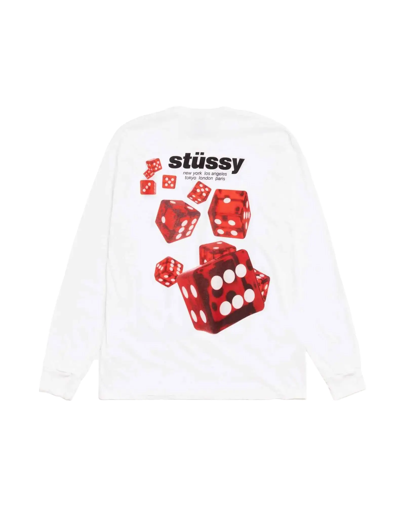 White long-sleeve Stussy shirt with bold red dice graphic and city names printed above the logo on front
