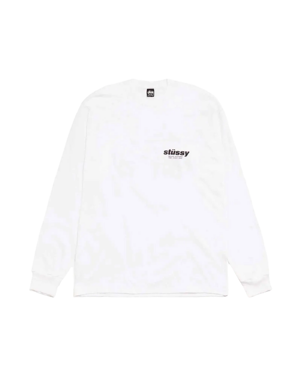 White Stussy Rollers long sleeve tee with black logo and tag made of soft cotton for casual wear