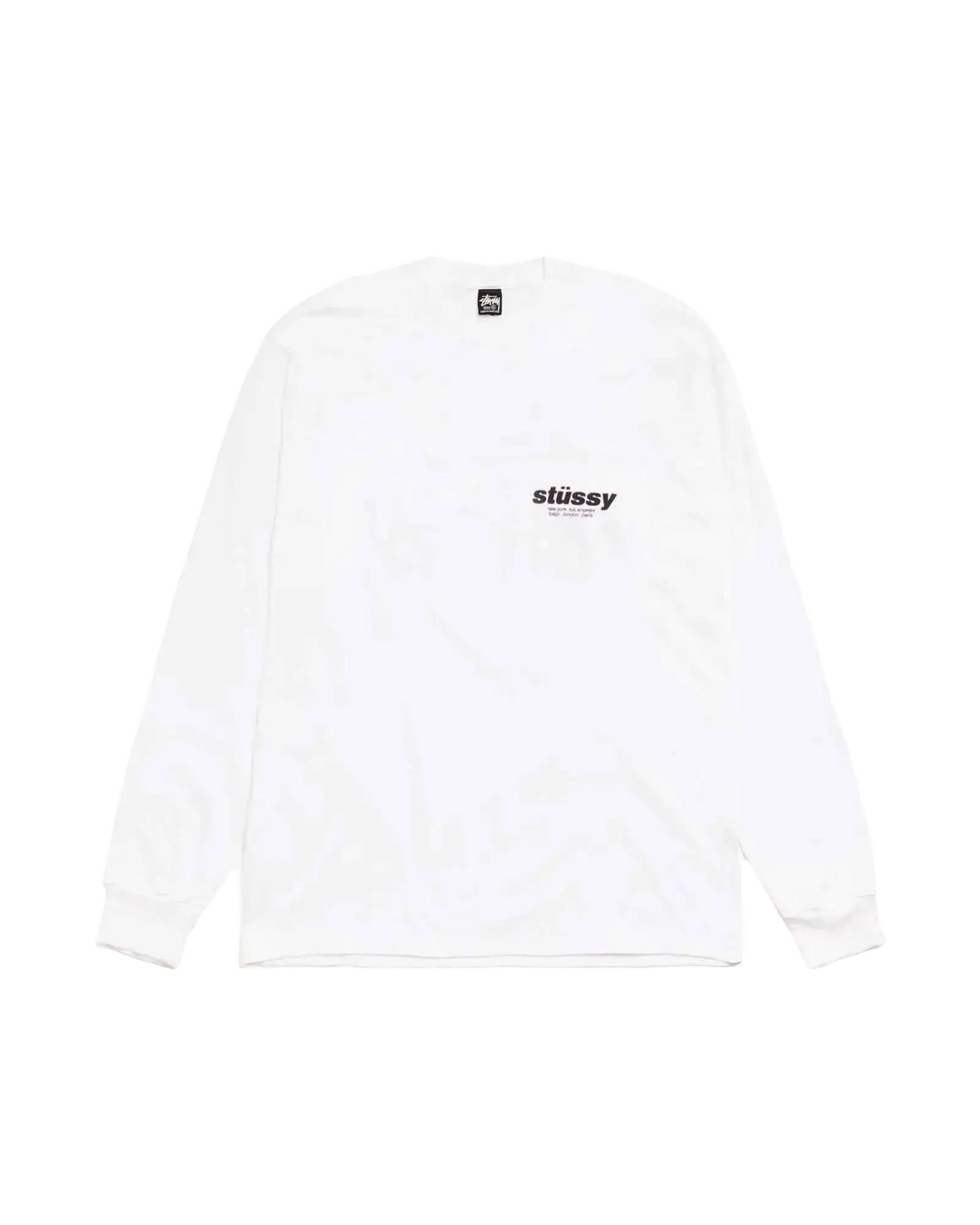 White Stussy Rollers long sleeve tee with black logo and tag made of soft cotton for casual wear