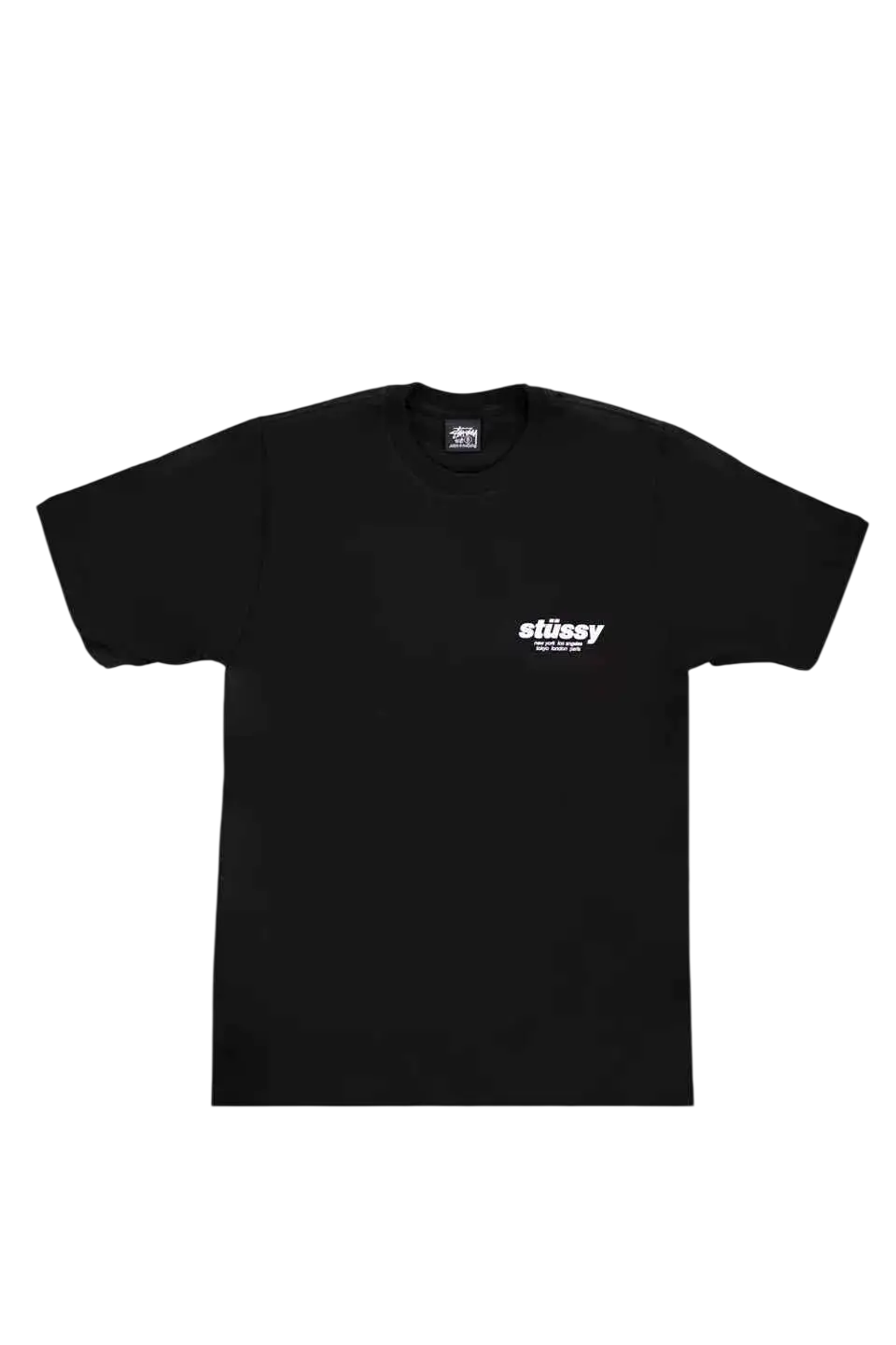 Black stussy rollers tee black with white logo and tag made of soft cotton perfect for casual wear