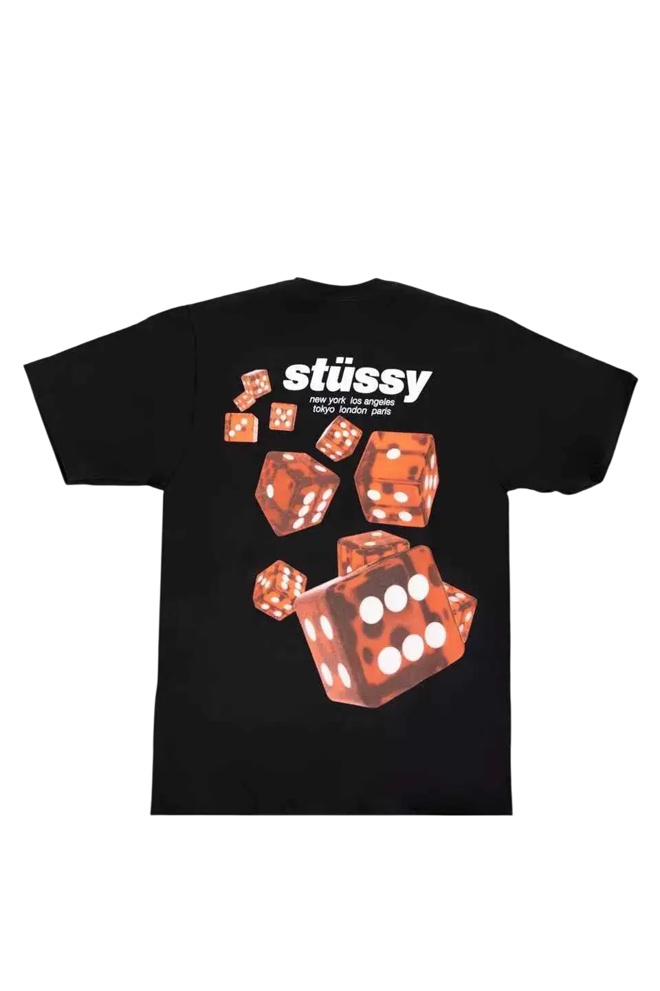 Black stussy rollers tee featuring a vibrant orange dice graphic with white pips and stussy logo above