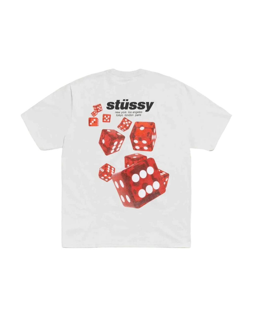 White stussy Rollers tee fog featuring a bold red dice graphic with white dots and the stussy logo above