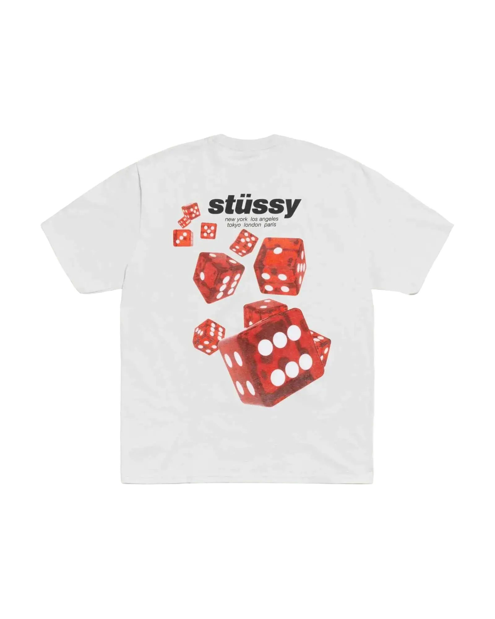 White stussy Rollers tee fog featuring a bold red dice graphic with white dots and the stussy logo above