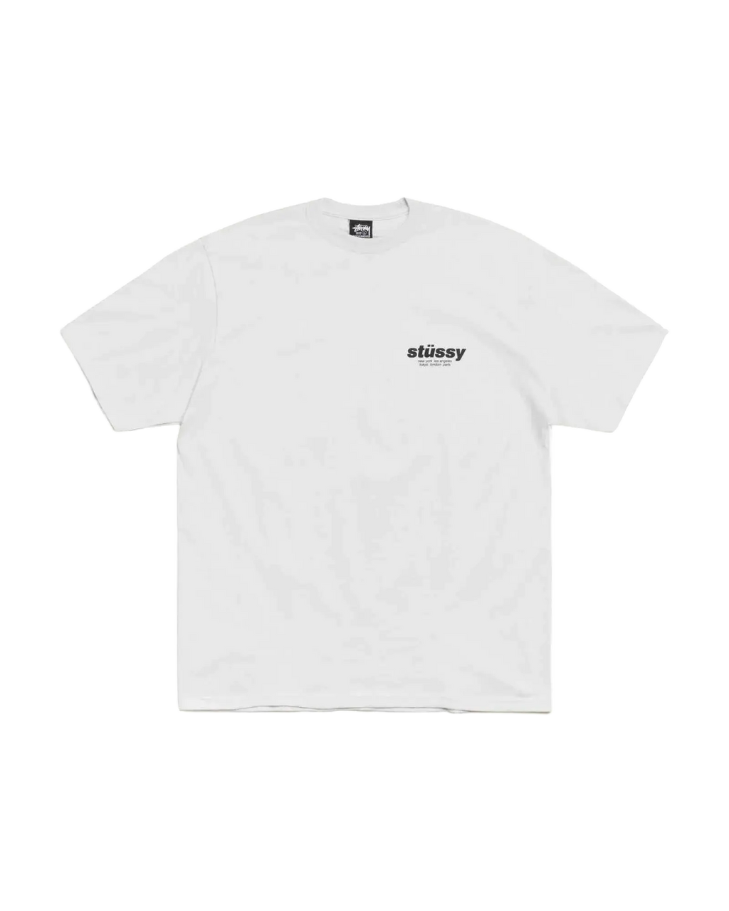 White stussy rollers tee fog featuring a minimalist black logo on the chest in a soft cotton material