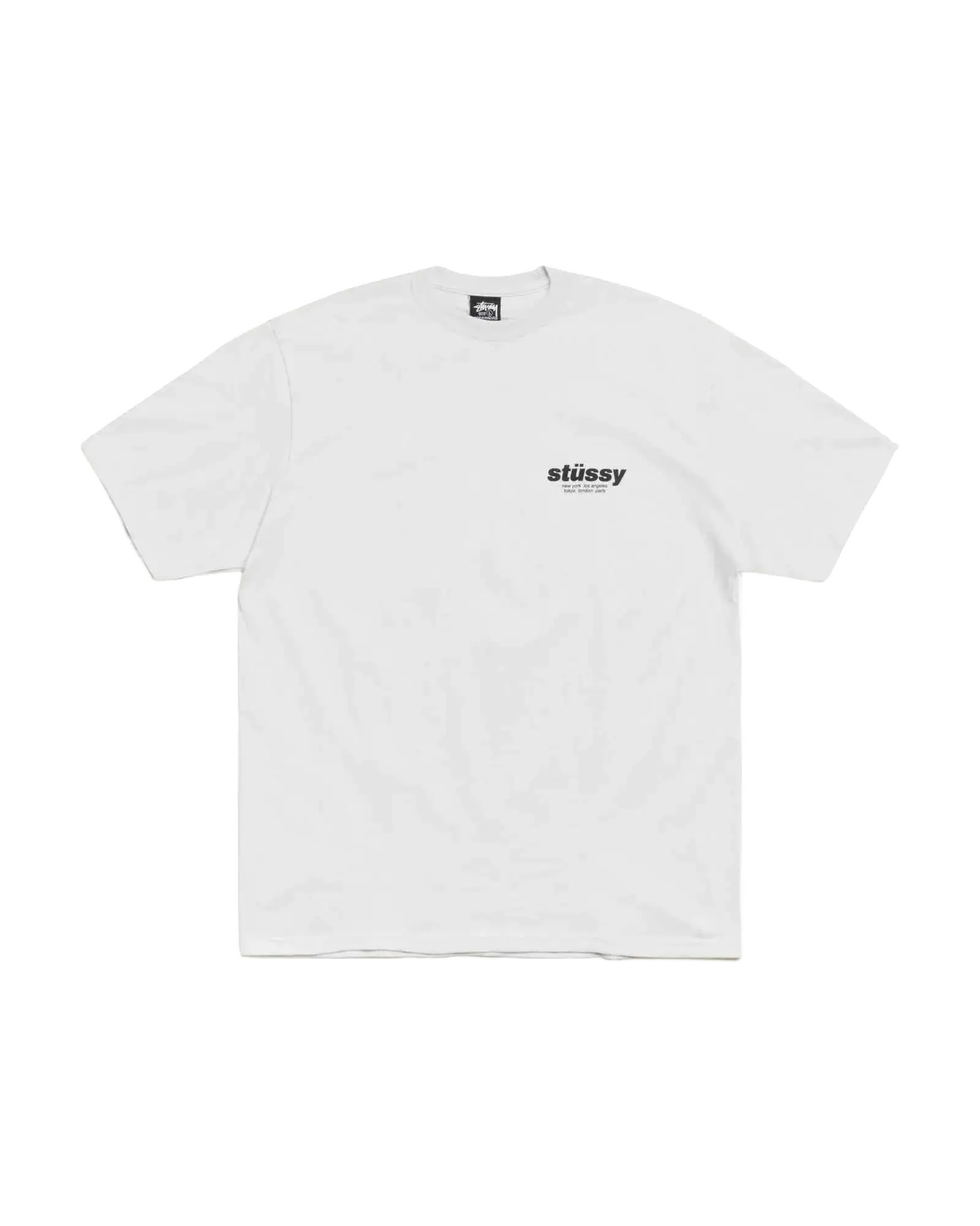White stussy rollers tee fog featuring a minimalist black logo on the chest in a soft cotton material