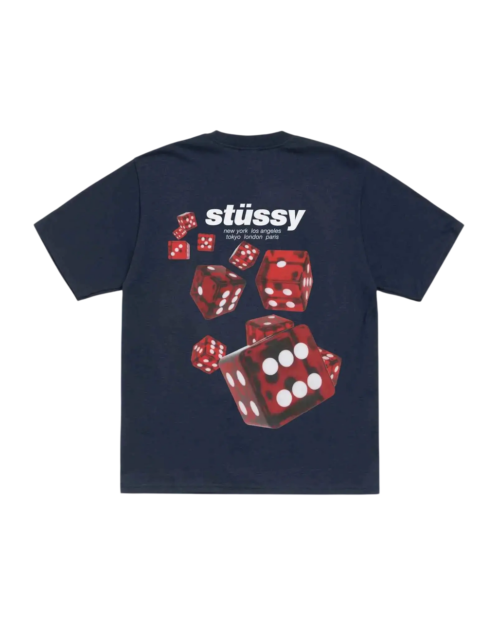 Navy blue Stussy Rollers tee featuring a red dice graphic with white dots and the Stussy logo above them
