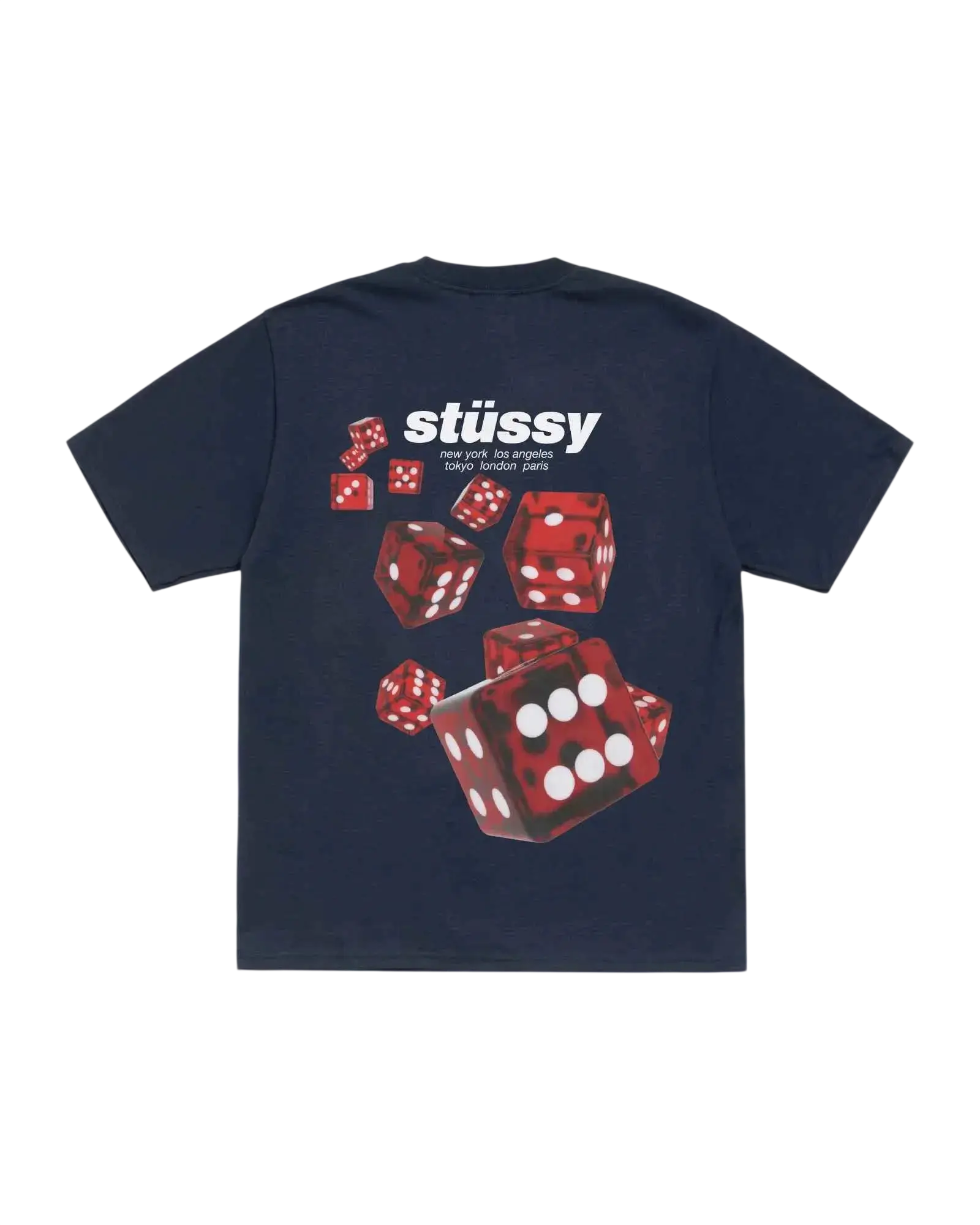 Navy blue Stussy Rollers tee featuring a red dice graphic with white dots and the Stussy logo above them