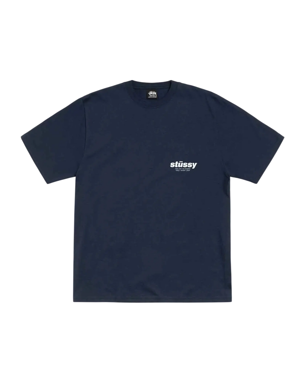 Navy blue stussy rollers tee with white logo and small tag at collar in comfortable cotton material