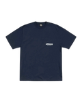 Navy blue stussy rollers tee with white logo and small tag at collar in comfortable cotton material
