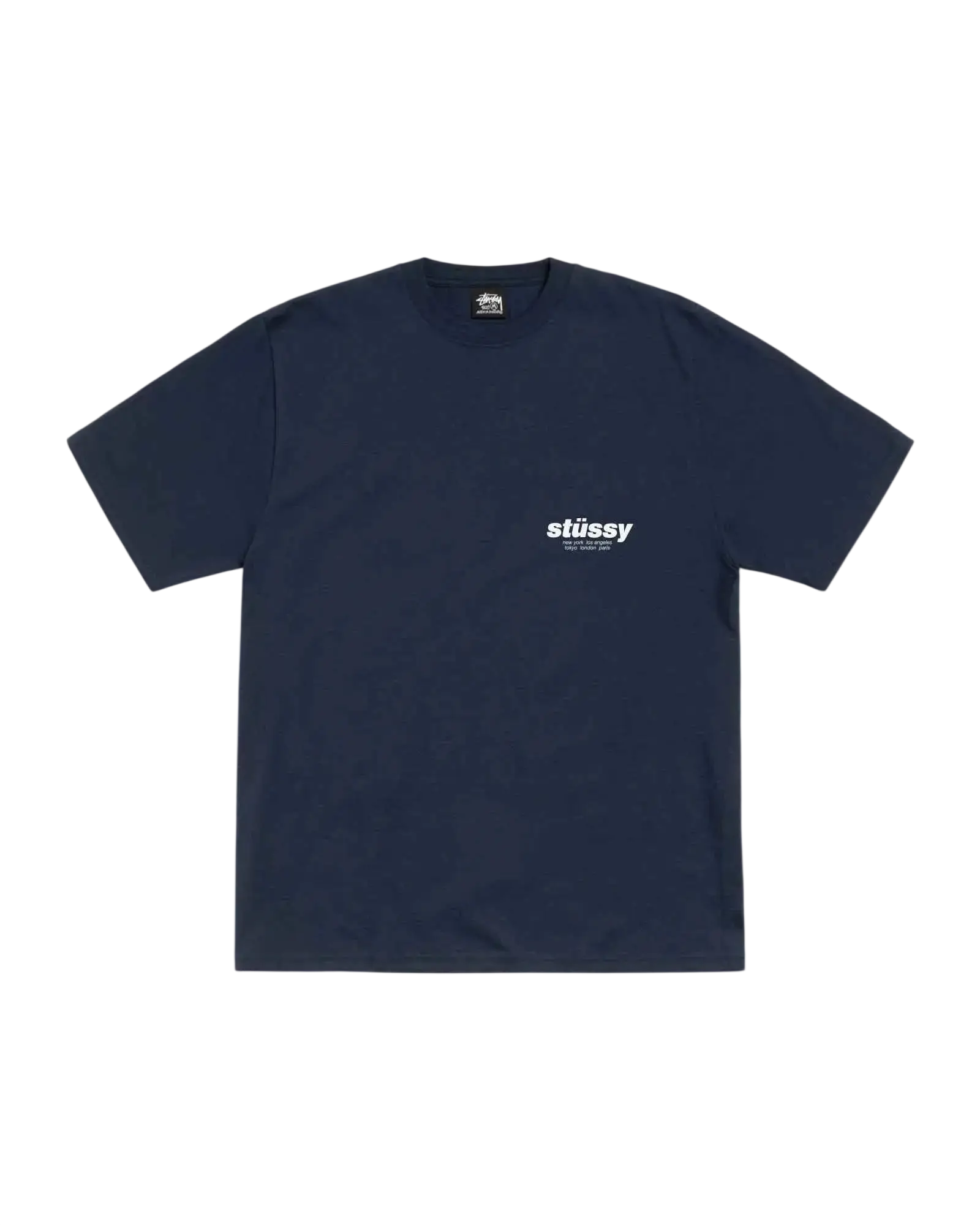 Navy blue stussy rollers tee with white logo and small tag at collar in comfortable cotton material