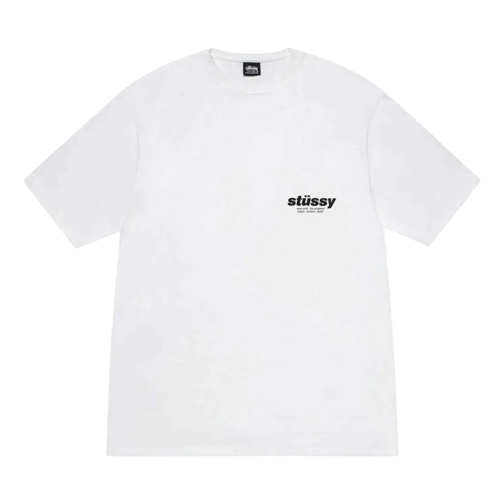White stussy t-shirt with black logo and tag.