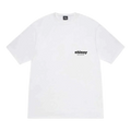 White stussy t-shirt with black logo and tag.