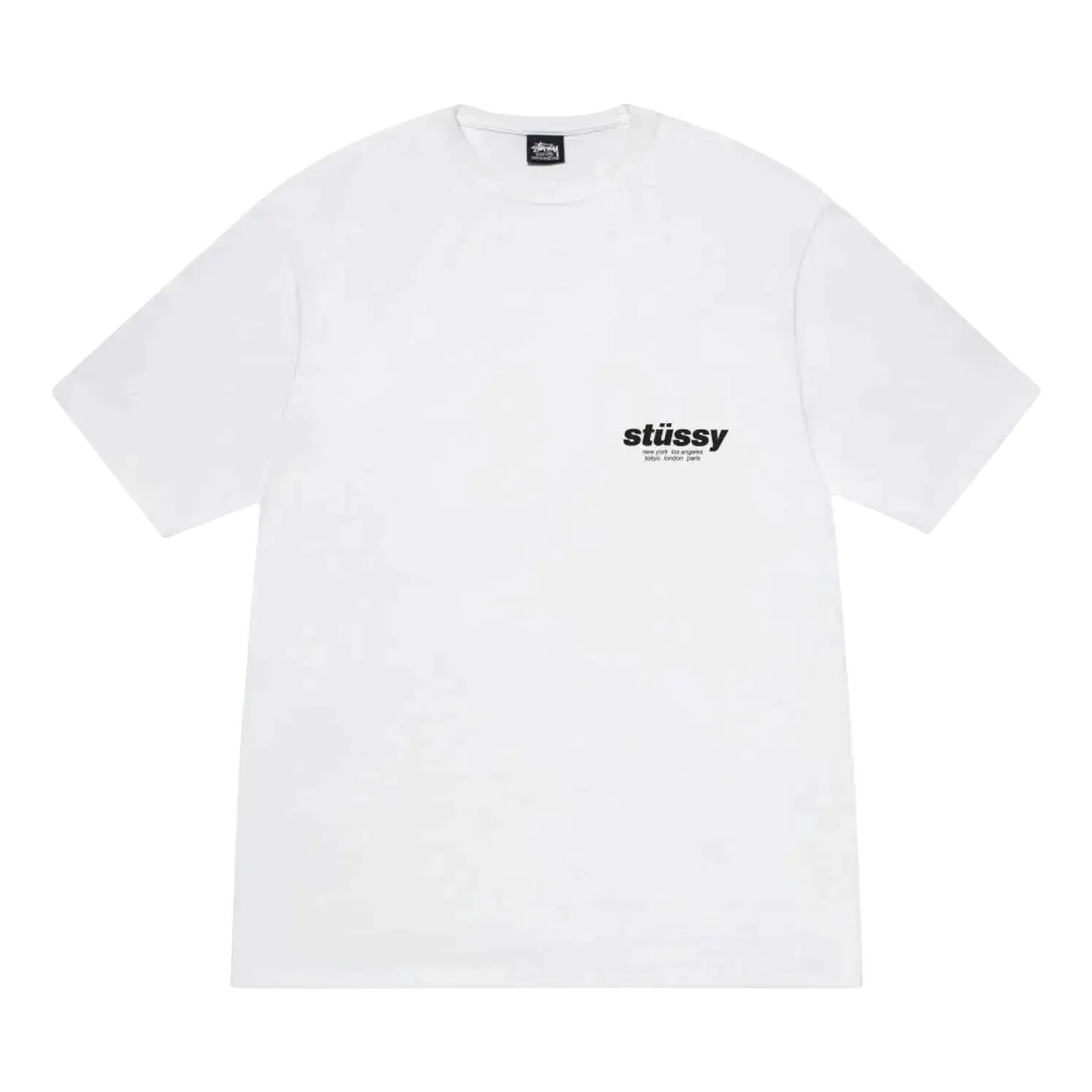 White stussy t-shirt with black logo and tag.