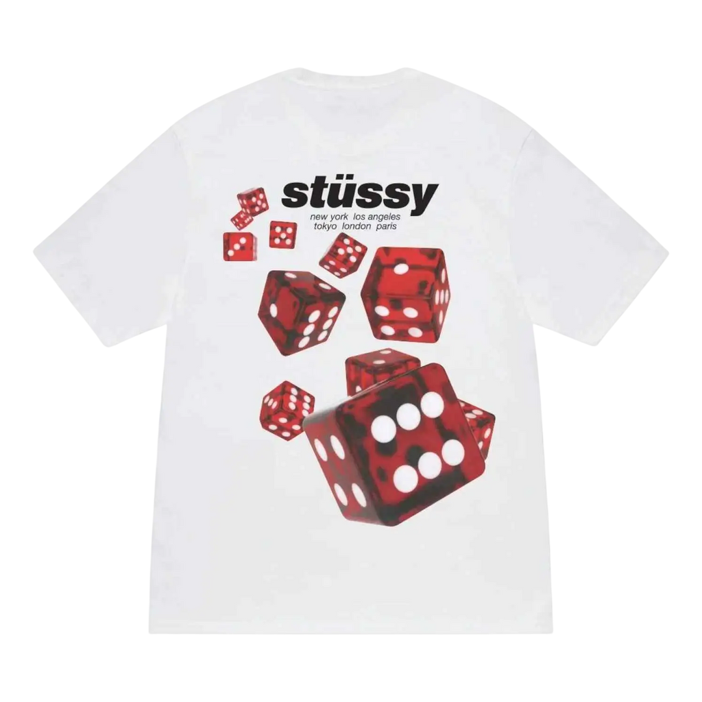 White stussy rollers tee featuring red dice graphic with white dots and stussy logo on a cotton t-shirt