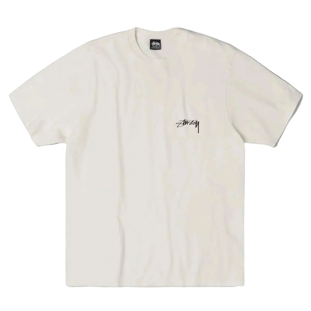 Off-white stussy serpent pigment dyed tee natural with black signature logo on left chest and collar brand tag