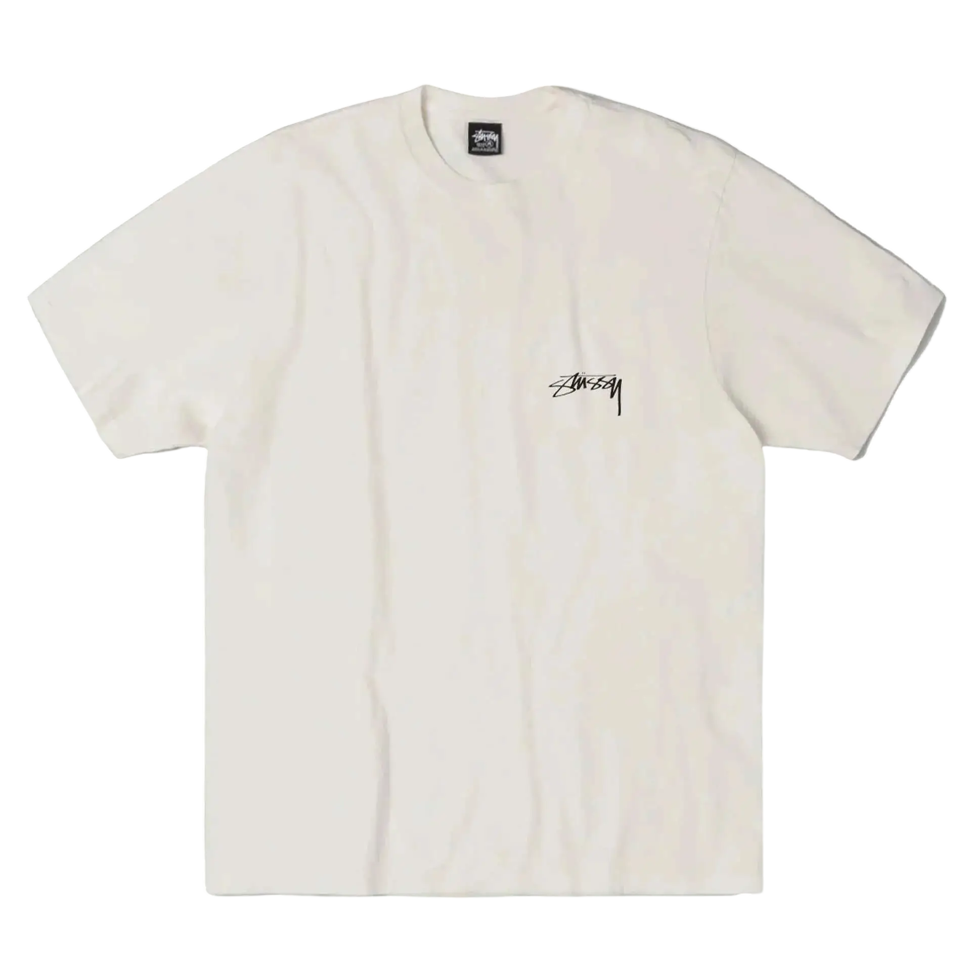 Off-white stussy serpent pigment dyed tee natural with black signature logo on left chest and collar brand tag