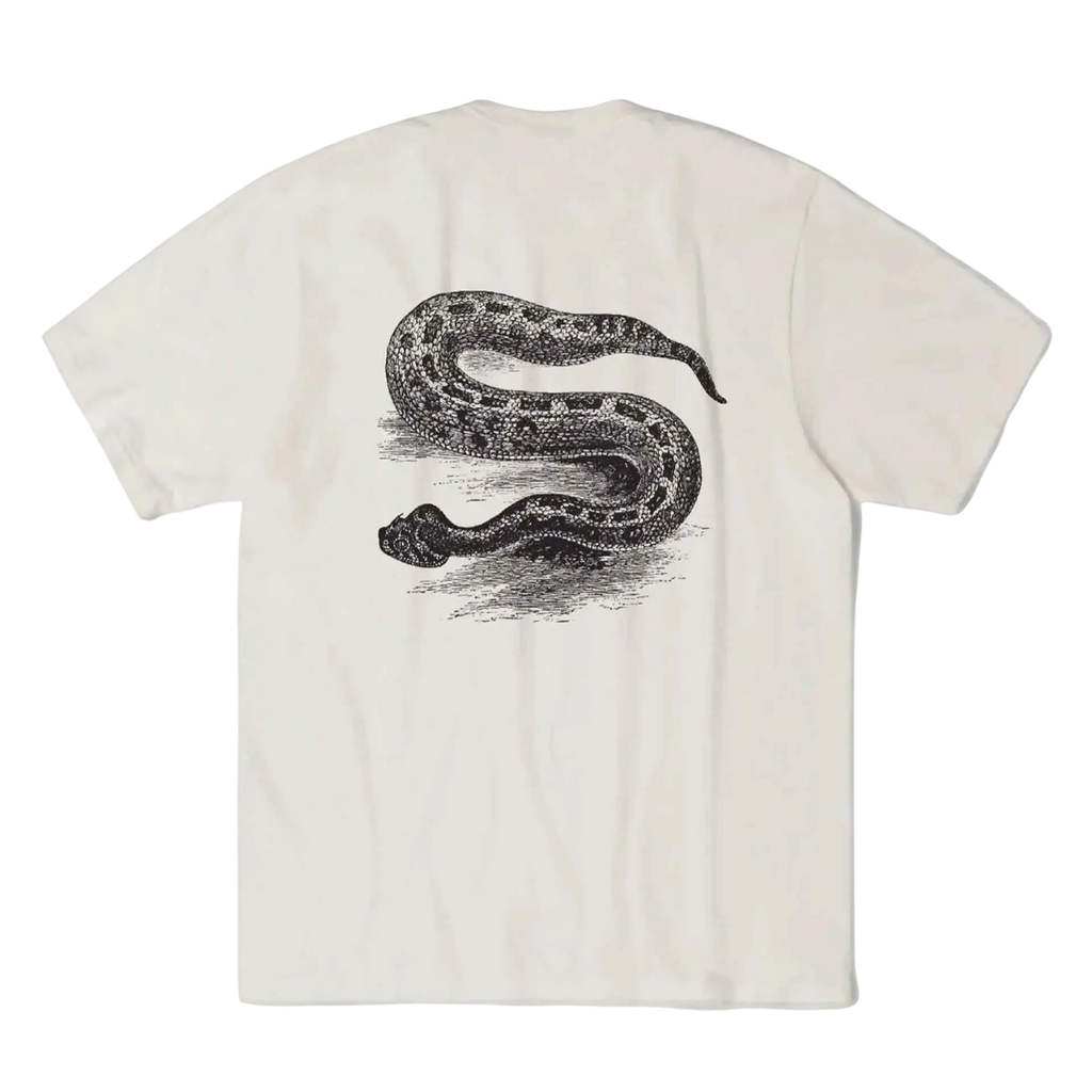 Off-white Stussy Serpent pigment dyed tee natural with detailed black ink illustration of coiled snake on back