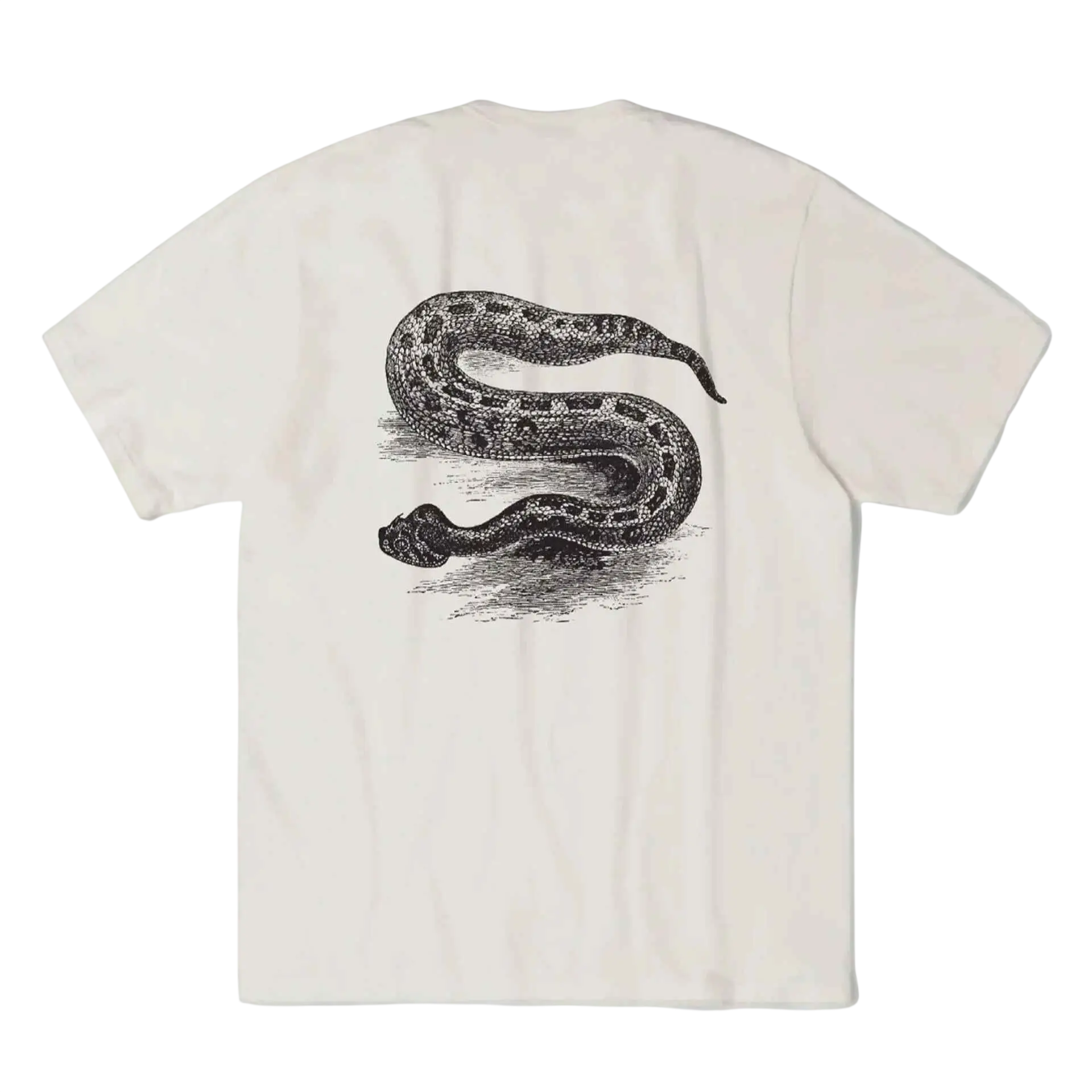 Off-white Stussy Serpent pigment dyed tee natural with detailed black ink illustration of coiled snake on back