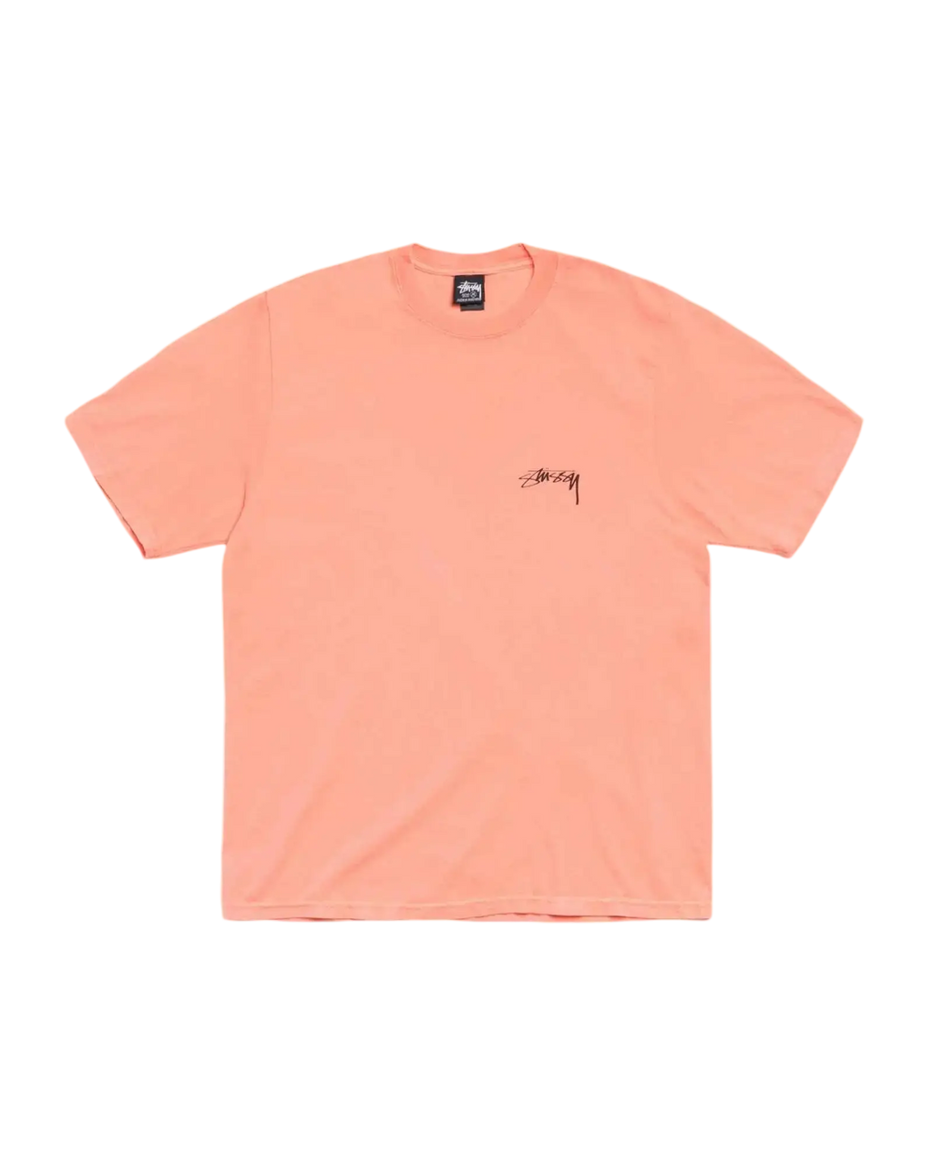 A peach-colored stussy serpent pigment dyed tee sherbet with a small black signature logo on the left chest