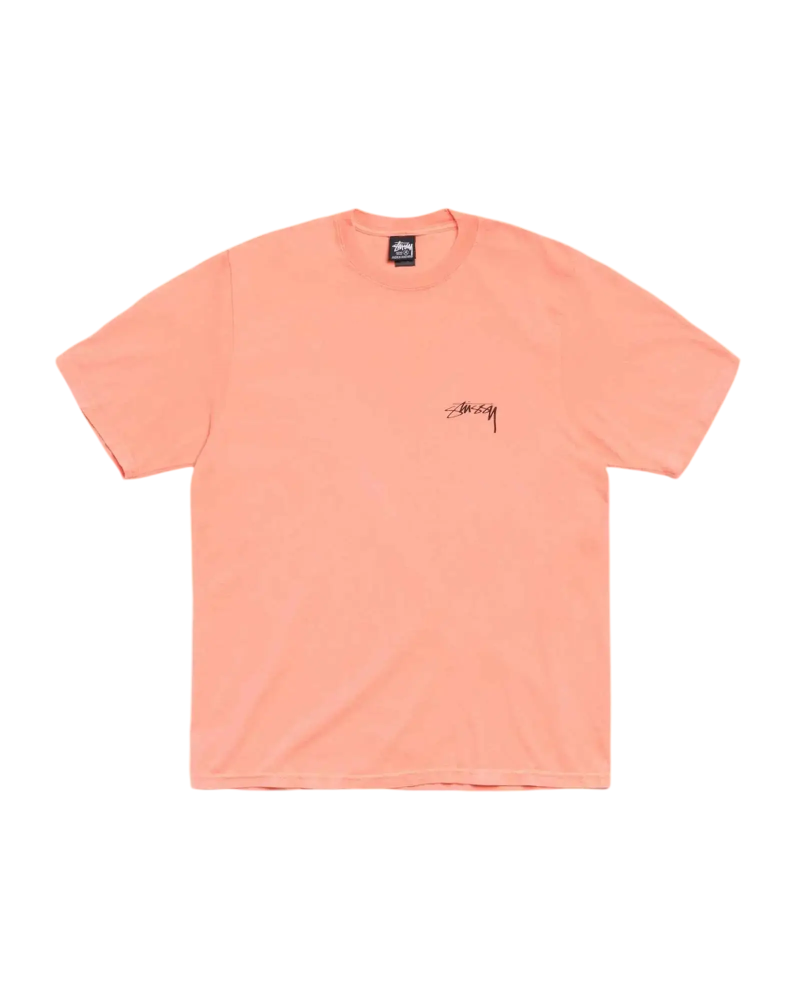 A peach-colored stussy serpent pigment dyed tee sherbet with a small black signature logo on the left chest