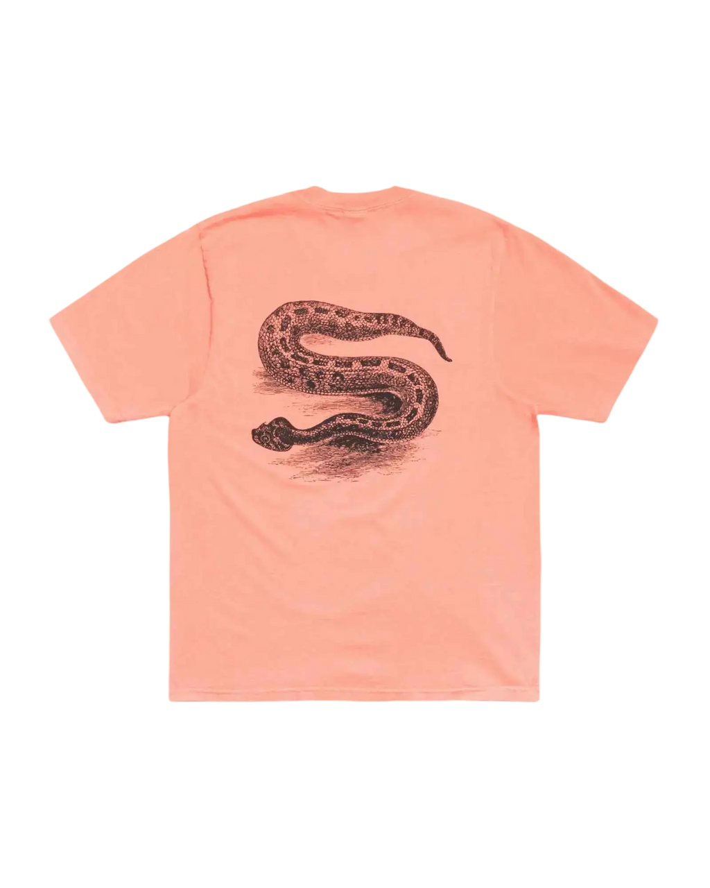 Back of a peach-colored short-sleeved Stussy Serpent Pigment Dyed tee featuring a detailed black and brown snake graphic
