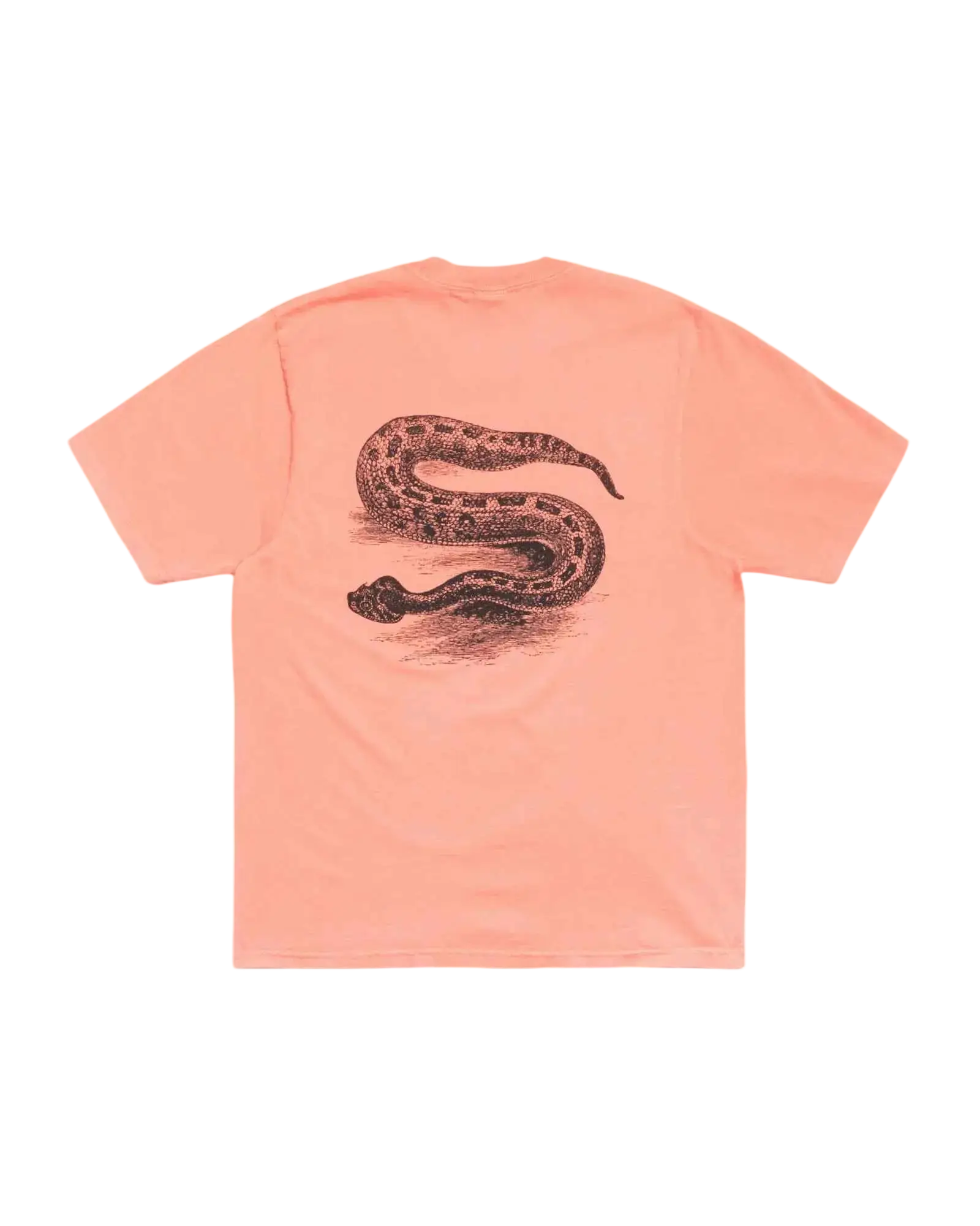 Back of a peach-colored short-sleeved Stussy Serpent Pigment Dyed tee featuring a detailed black and brown snake graphic