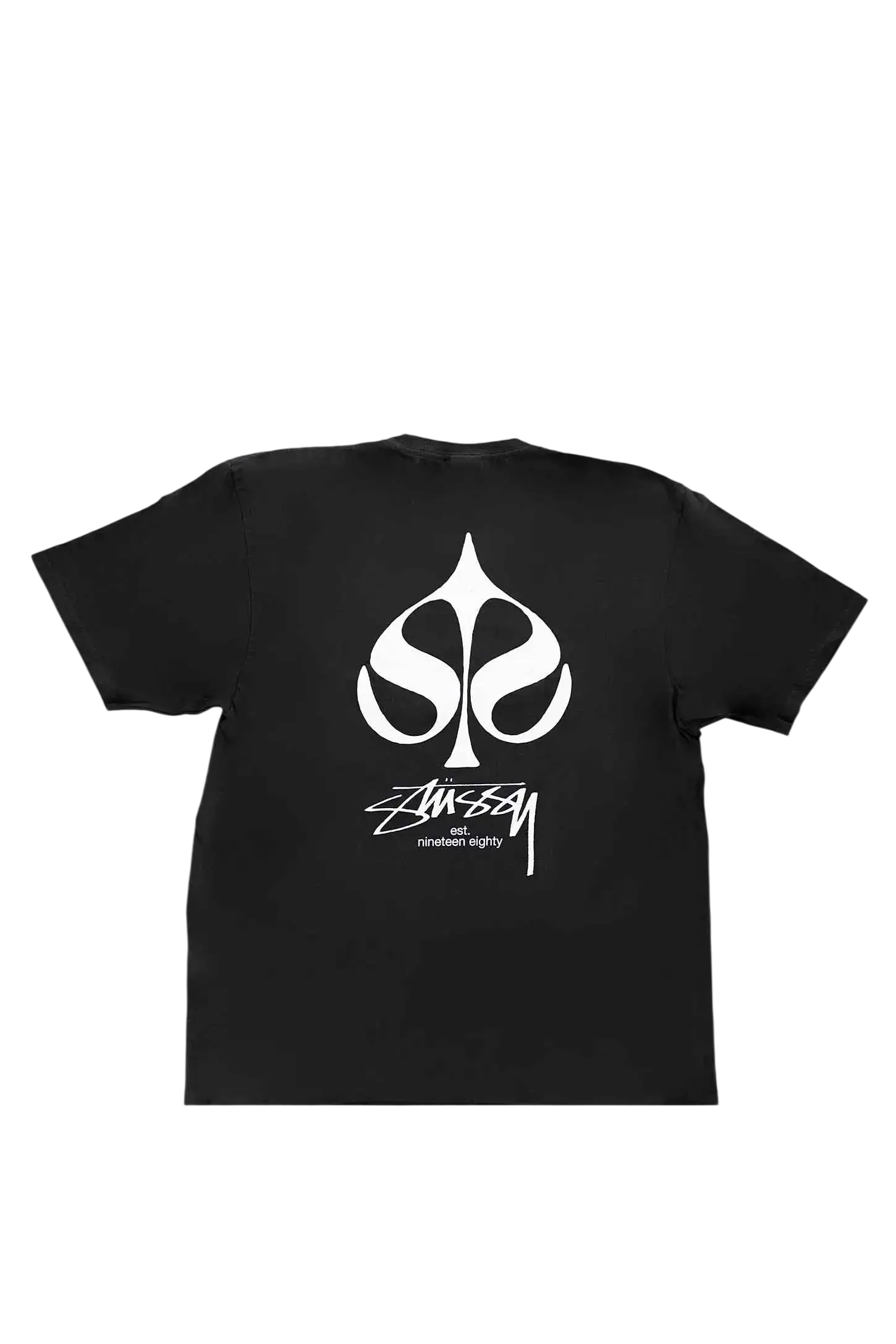 Black stussy spade pigment dyed tee featuring bold white stussy logo with stylized s and p design on front
