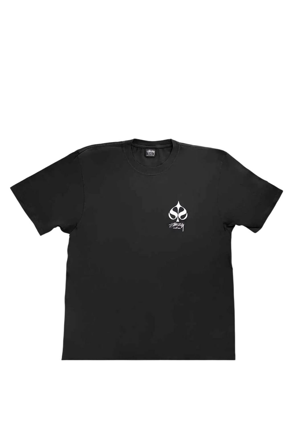Black Stussy Spade Pigment Dyed Tee featuring a white graphic logo on the chest made of soft cotton fabric