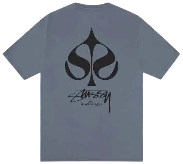 Light blue Stussy pigment dyed tee showing the back with black spade logo and signature branding