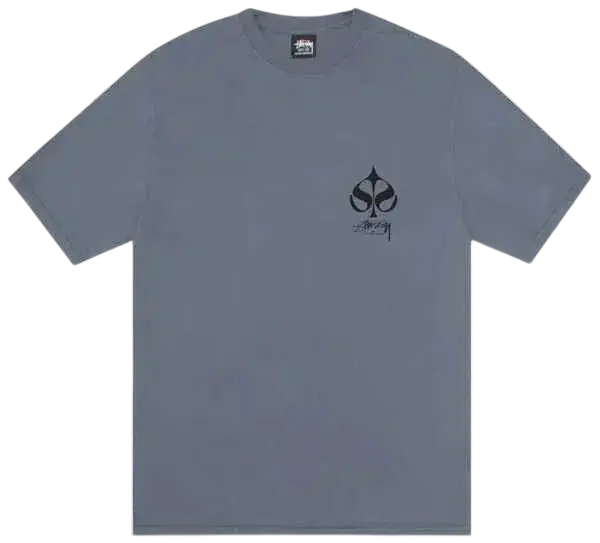 Light gray short-sleeved Stussy spade pigment dyed tee with black spade logo and signature below it