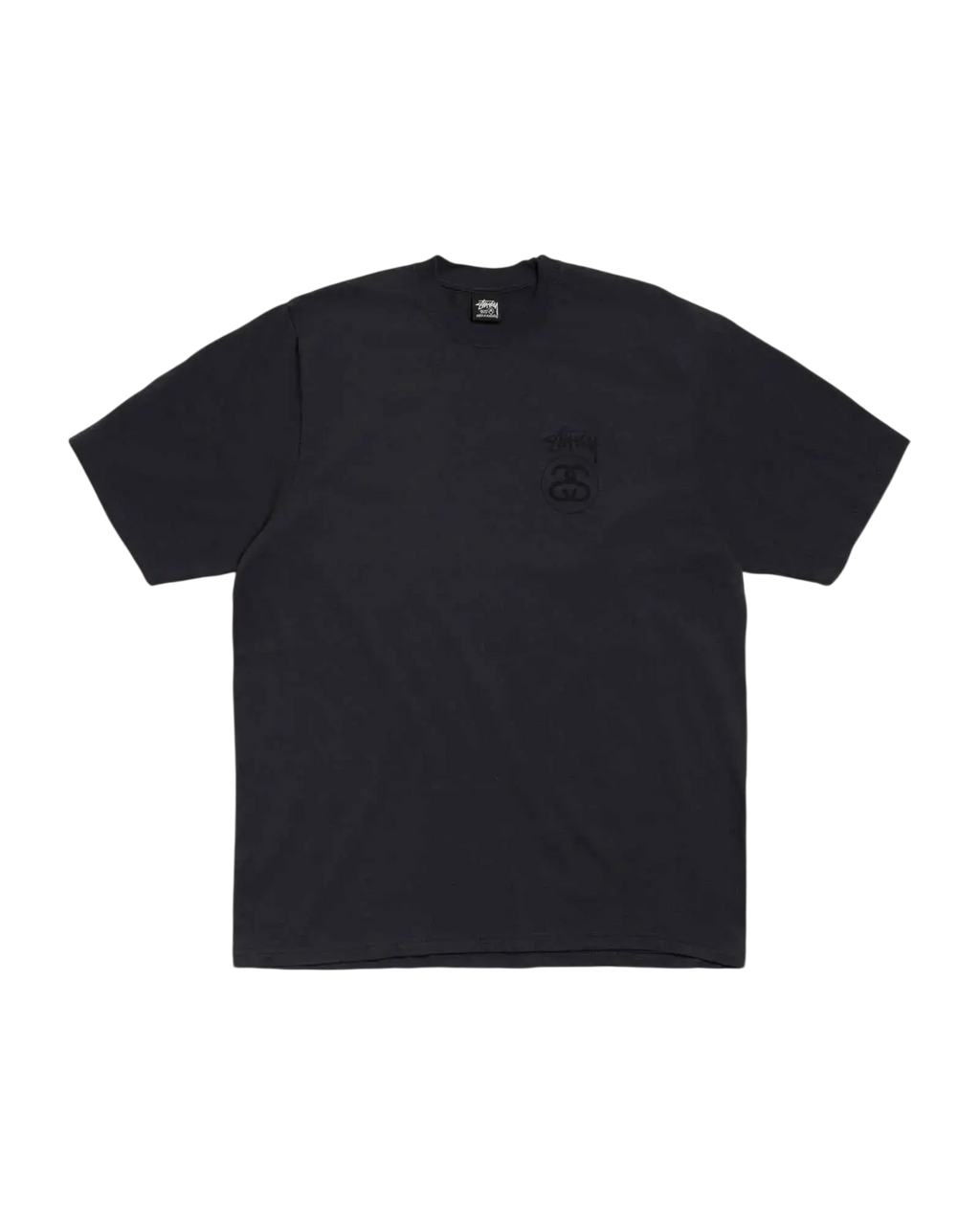 Dark gray Stussy Stock Link Tee faded black short-sleeved t-shirt with small embroidered patch and subtle logo tag