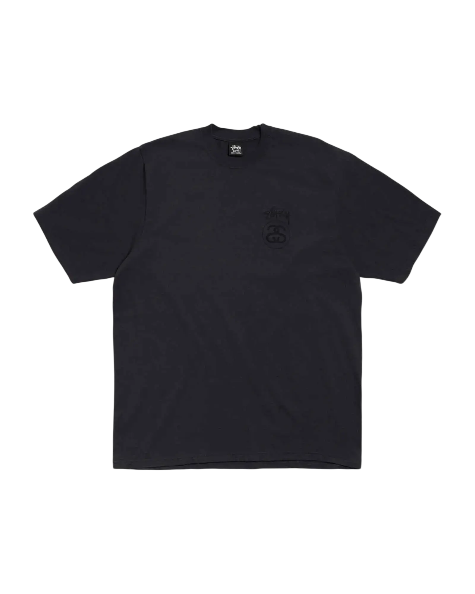 Dark gray Stussy Stock Link Tee faded black short-sleeved t-shirt with small embroidered patch and subtle logo tag