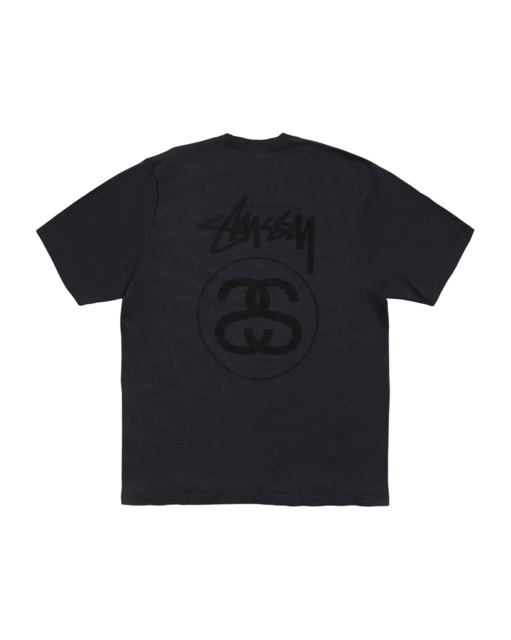 Back of a gray stussy stock link tee faded black featuring a black graffiti style logo and circular emblem