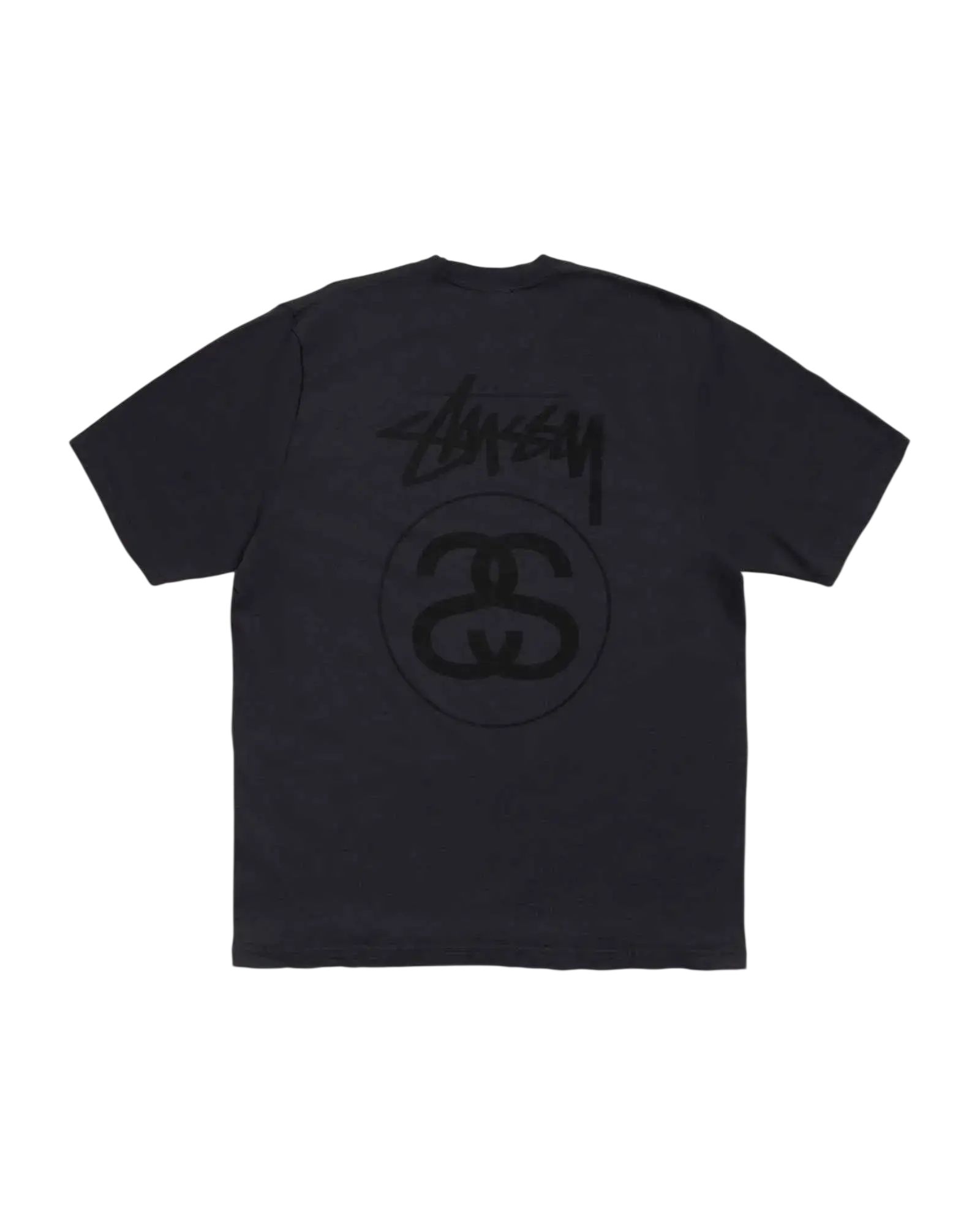 Back of a gray stussy stock link tee faded black featuring a black graffiti style logo and circular emblem